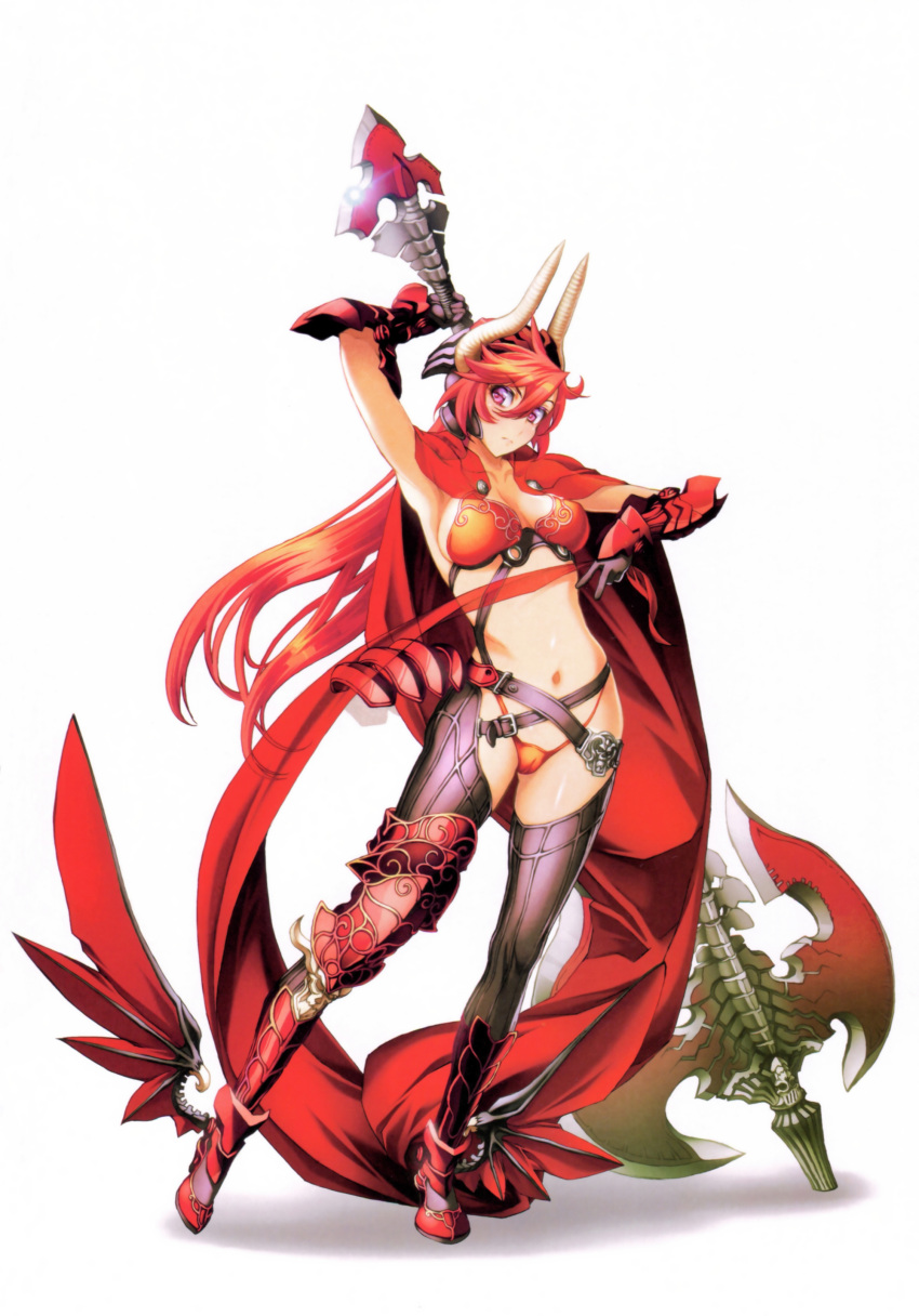 1girl absurdres ankle_wings arm_up armor asymmetrical_legwear axe bangs battle_axe belt bikini_armor boots breasts cape closed_mouth collarbone demon_girl eyebrows_visible_through_hair full_body gloves hair_between_eyes highres holding_axe horns huge_weapon knee_boots large_breasts midriff navel nishii_(nitroplus) nitroplus official_art pointy_ears polearm red_cape redhead revealing_clothes satan_(the_seven_deadly_sins) scan simple_background solo standing stomach the_seven_deadly_sins thigh-highs v vambraces violet_eyes weapon weapon_on_back white_background