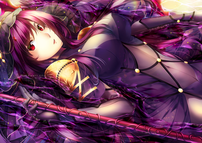 1girl armor artist_request bodysuit breasts fate/grand_order fate_(series) gae_bolg hisuririi holding holding_weapon large_breasts long_hair looking_at_viewer lying open_mouth pauldrons polearm purple_bodysuit purple_hair red_eyes scathach_(fate/grand_order) shoulder_armor spear veil weapon