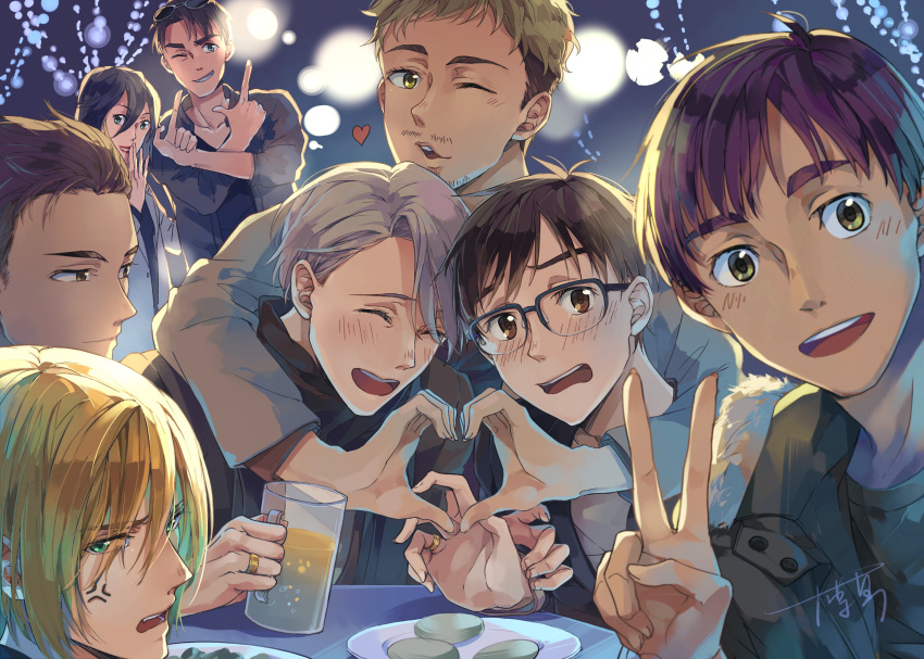 1girl 6+boys ^_^ absurdres alcohol anger_vein beer beer_mug black_hair blonde_hair blue-framed_eyewear blue_eyes brown_eyes christophe_giacometti closed_eyes facial_hair glasses green_eyes grey_eyes grin heart heart_hands highres huhuhuhu isabella_yang it's_j.j._style! jean-jacques_leroy jewelry katsuki_yuuri multiple_boys one_eye_closed open_mouth otabek_altin phichit_chulanont plate ring scarf silver_hair smile sunglasses sunglasses_on_head table v viktor_nikiforov yuri!!!_on_ice yuri_plisetsky