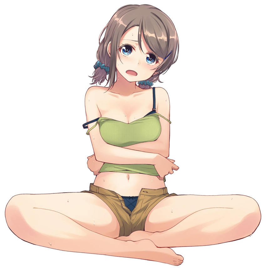 1girl bangs bare_legs barefoot blue_bra blue_eyes blue_panties bra breast_hold breasts brown_hair camisole cleavage crossed_arms full_body hair_ornament hair_scrunchie hairclip highres indian_style looking_at_viewer love_live! love_live!_sunshine!! medium_breasts midriff nanotaro navel open_bra open_mouth panties scrunchie short_hair short_shorts short_twintails shorts simple_background sitting solo strap_slip sweat swept_bangs twintails unbuttoned_pants underwear unzipped watanabe_you white_hair