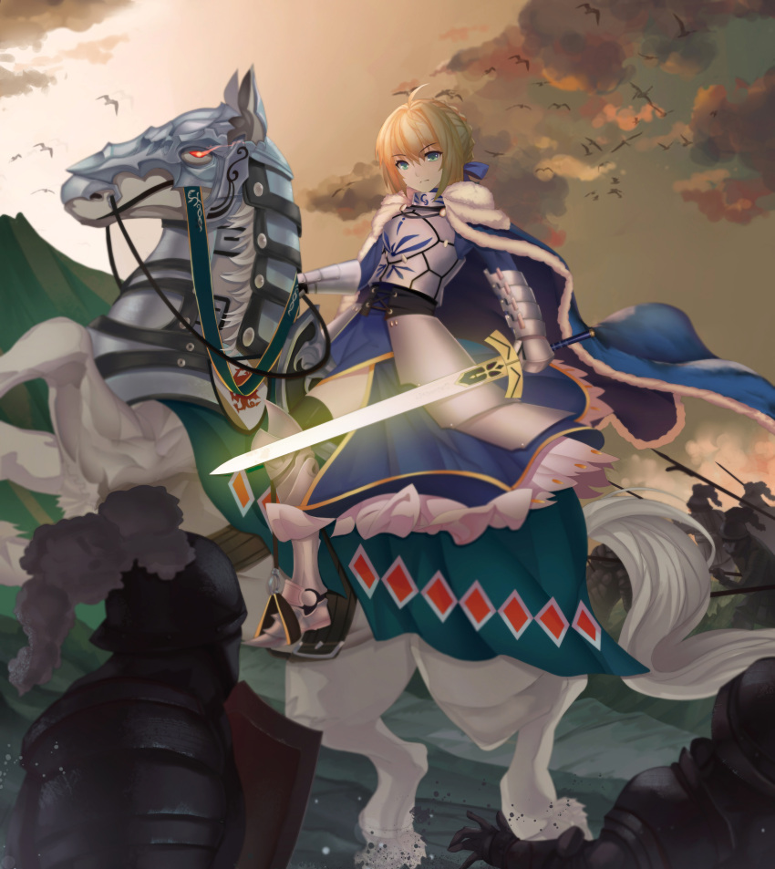 &gt;:( 1girl absurdres ahoge armor armored_dress blonde_hair blue_ribbon cape closed_mouth excalibur fate/stay_night fate_(series) full_body fur_trim greaves green_eyes hair_ribbon highres holding holding_sword holding_weapon horse knight looking_at_viewer magician_(china) ribbon riding saber short_hair solo_focus sword war weapon