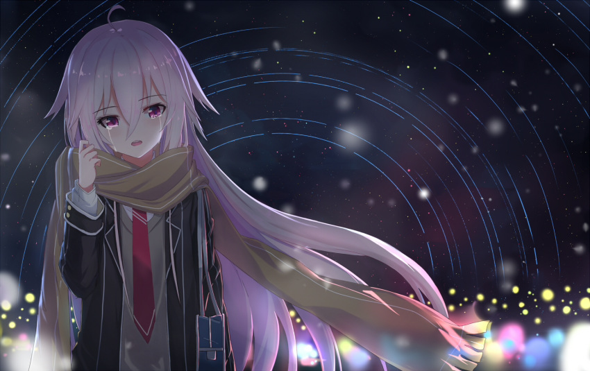 1girl ahoge bag brown_scarf crying crying_with_eyes_open duffel_bag echj eyebrows_visible_through_hair highres ia_(vocaloid) long_hair looking_at_viewer necktie night night_sky pink_eyes pink_hair red_necktie scarf sky solo star_(sky) starry_sky tears uniform vocaloid winter