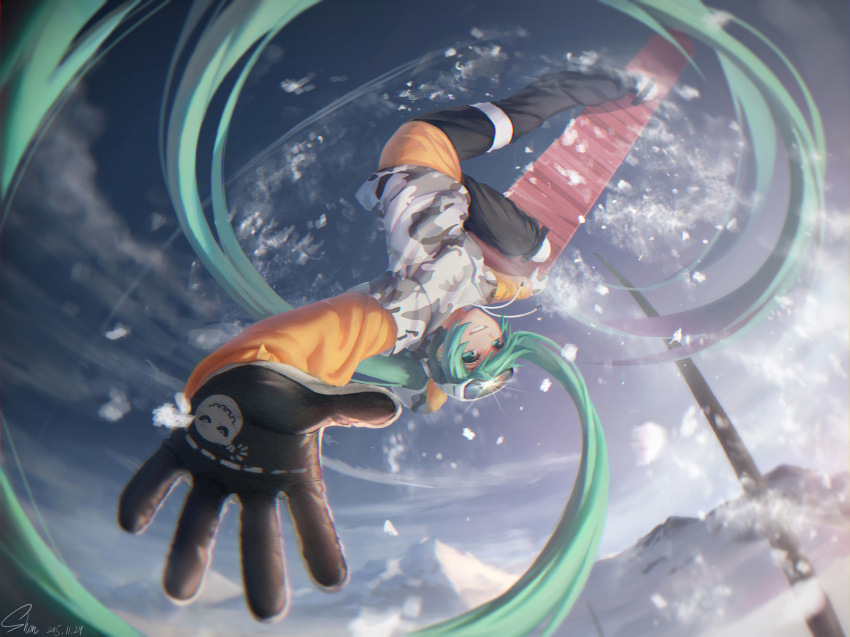 1girl black_gloves blue_eyes blue_hair blush dated gloves goggles goggles_on_head hatsune_miku highres long_hair looking_at_viewer shon signature smile snow snowboard snowboarding snowing solo teeth twintails upside-down vocaloid