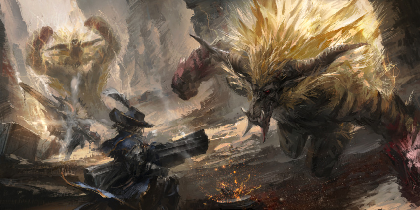 ambiguous_gender ape armor arms_up battle blonde_hair bowgun canyon chains charge_blade clenched_hands day electricity fighting_stance fur gauntlets group_battle gun hat hat_feather highres holding holding_gun holding_shield holding_sword holding_weapon horns huge_weapon monster monster_hunter outdoors rajang red_eyes sharp_teeth shield smoke sparks standing steam stu_dts sword teeth weapon