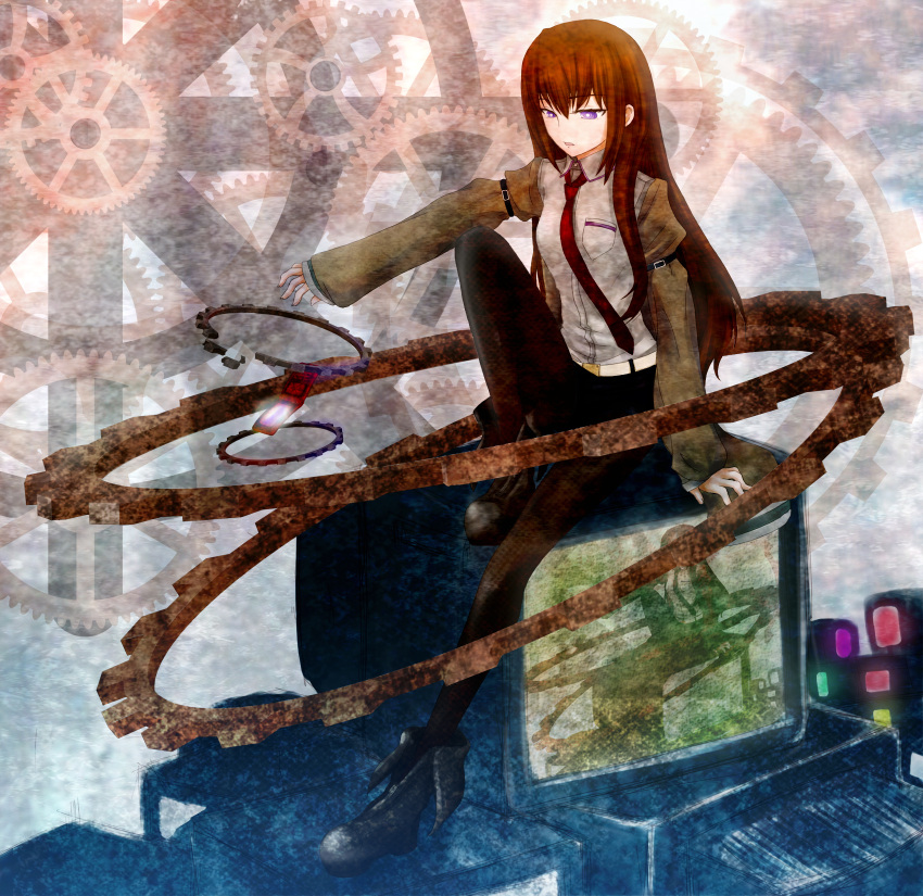 1girl arm_support black_boots black_legwear blue_eyes boots brown_hair brown_jacket dani_dansyaku dress_shirt grey_shirt hair_between_eyes highres jacket long_hair makise_kurisu necktie open_clothes open_jacket outstretched_arm red_necktie shirt sitting solo steins;gate television very_long_hair