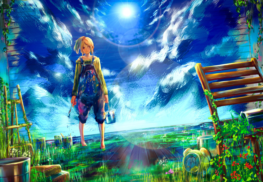 1girl absurdres alarm_clock arms_at_sides bare_shoulders barefoot blonde_hair blue_sky book book_stack bucket can chair clock clouds cloudy_sky collarbone colorful day dirty_clothes easel flower full_body goroku grass high_ponytail highres holding holding_can holding_paintbrush lens_flare light long_hair long_sleeves looking_to_the_side off-shoulder_sweater off_shoulder original outdoors overalls overgrown paint_can paintbrush painting_(object) pants pants_rolled_up plant ponytail scenery sky smile solo standing sun sweater wooden_chair wooden_floor wooden_wall yellow_eyes