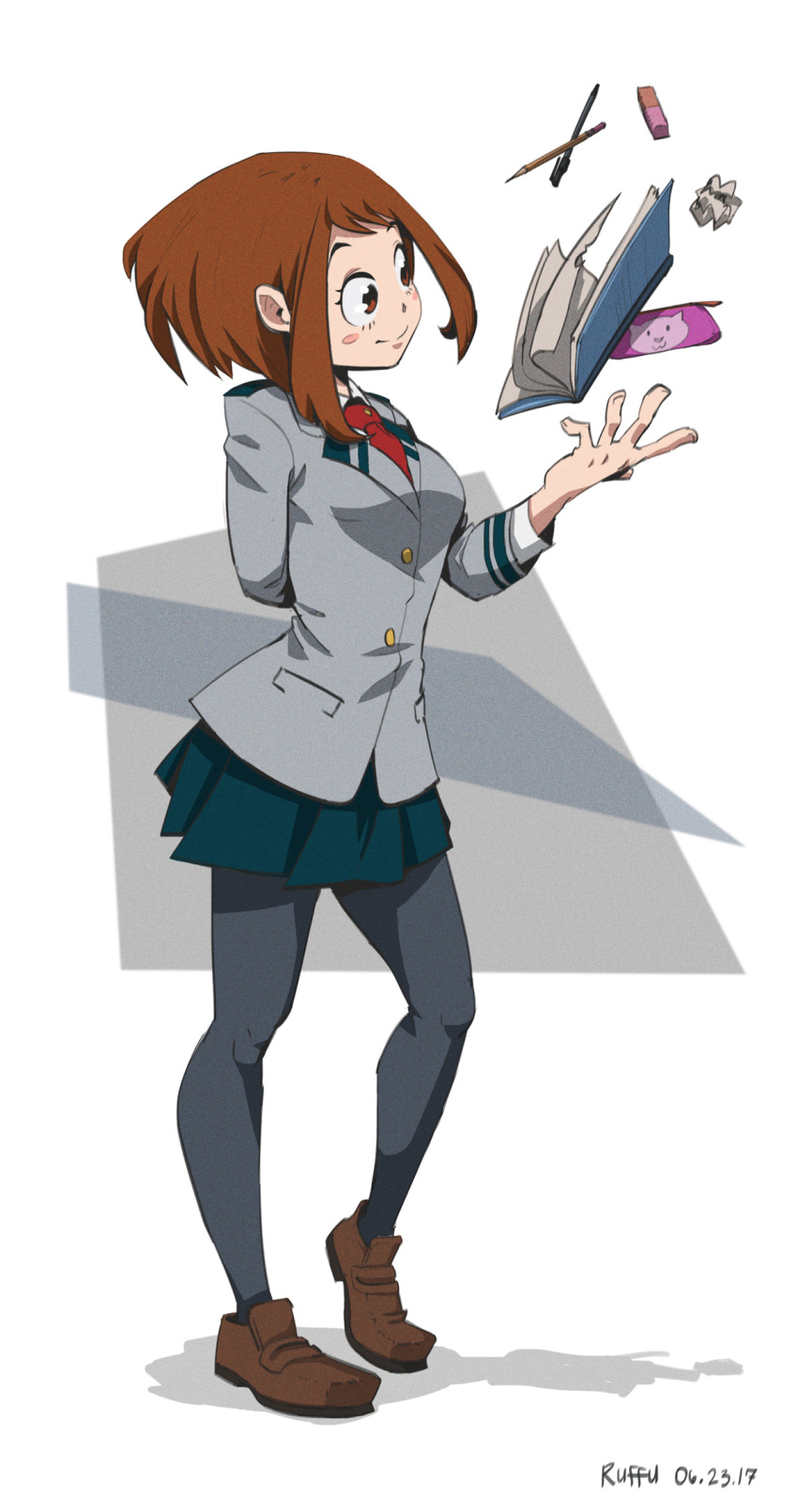 1girl black_legwear blush_stickers boku_no_hero_academia brown_eyes brown_hair eraser floating full_body highres long_sleeves necktie notebook pantyhose paper pen pencil pencil_case pleated_skirt red_necktie ruffu school_uniform short_hair simple_background skirt smile solo uraraka_ochako white_background