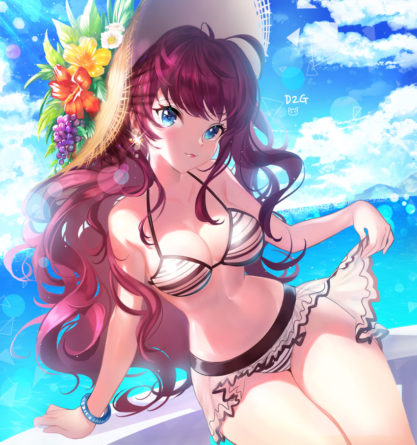 1girl :3 blue_eyes blush bracelet breasts brown_hair cleavage clouds cloudy_sky curvy day eyebrows_visible_through_hair hat highres ichinose_shiki idolmaster idolmaster_cinderella_girls jewelry large_breasts long_hair looking_at_viewer outdoors signature sky smile solo sun_hat ttaji_(pass35) wide_hips