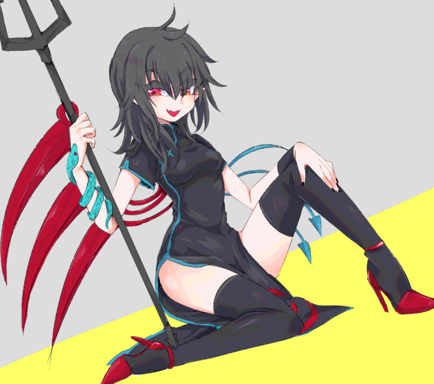 1girl alternate_costume asymmetrical_wings black_dress black_hair black_legwear breasts china_dress chinese_clothes dress high_heels houjuu_nue long_hair medium_breasts niwa_(njy) pelvic_curtain polearm red_eyes red_shoes shoes short_sleeves smile snake solo thigh-highs touhou trident weapon wings