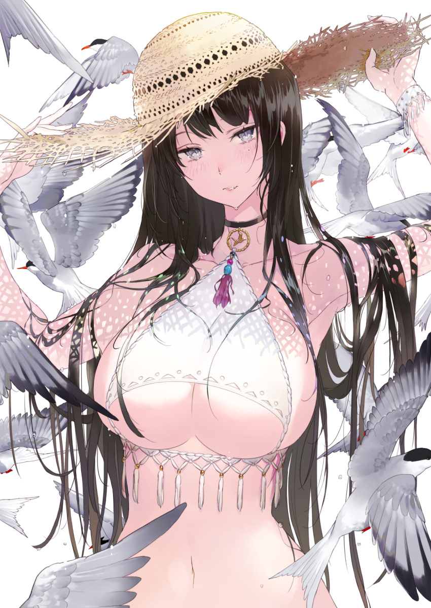 1girl adjusting_clothes adjusting_hat arm_up bangs bare_shoulders bikini bird black_hair blush breasts cleavage collar collarbone grey_eyes grey_eyes halterneck hand_up hat highres large_breasts light_smile long_hair looking_at_viewer mole mole_under_eye navel original parted_lips revealing_clothes simple_background smile solo straw_hat sun_hat swimsuit tassel tonito under_boob very_long_hair white_background white_bikini