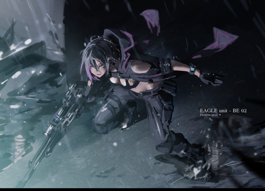 1girl action alley bangs black_belt black_boots black_gloves black_hair black_pants boots breasts cleavage commentary_request english from_above gloves gun highres holding holding_gun holding_weapon knee_boots knee_pads looking_afar medium_breasts motion_blur multicolored_hair open_pants original pants puddle purple_hair rain rifle science_fiction shiroi_suzume short_hair solo splashing stomach streaked_hair tagme violet_eyes water weapon