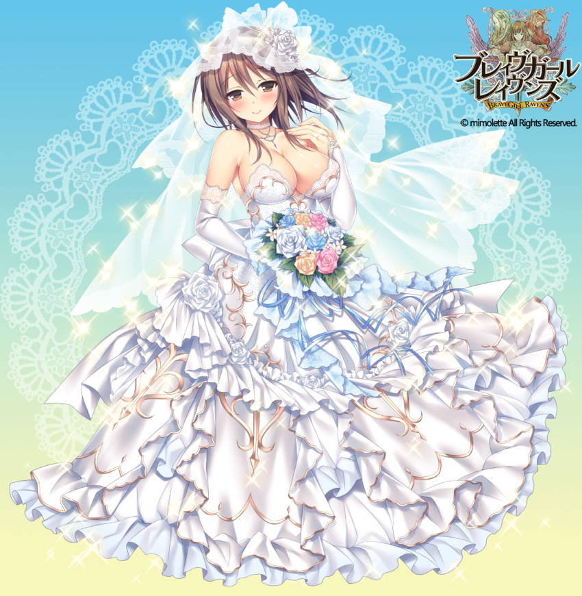1girl adelite_(brave_girl_ravens) bangs bare_shoulders blush bouquet brave_girl_ravens breasts bridal_veil brown_eyes brown_hair cleavage collar collarbone commentary_request copyright_name dress elbow_gloves eyebrows_visible_through_hair flower full_body gloves gradient gradient_background highres holding jewelry large_breasts logo looking_at_viewer necklace official_art short_hair simple_background smile solo sorai_shin'ya sparkle strapless strapless_dress veil wedding_dress white_dress