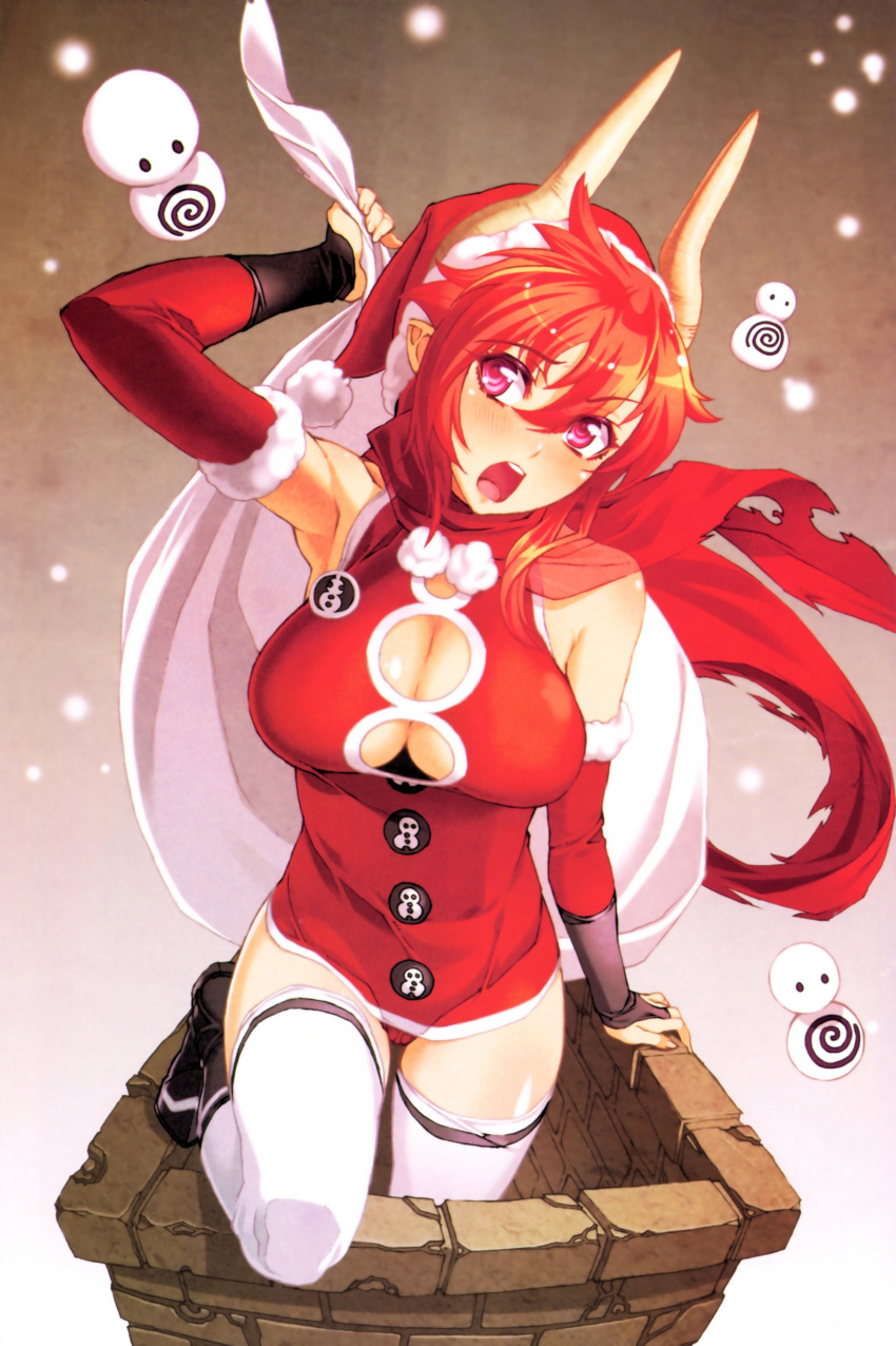 1girl absurdres blush breasts chimney cleavage cleavage_cutout demon_girl detached_sleeves hat highres horns large_breasts nishii_(nitroplus) nitroplus official_art open_mouth pointy_ears redhead sack santa_costume santa_hat satan_(the_seven_deadly_sins) scan scarf snowing solo the_seven_deadly_sins thigh-highs violet_eyes zettai_ryouiki