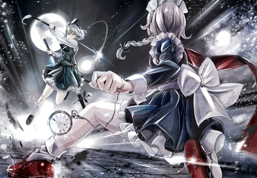 2girls action apron battle blue_dress dress dual_wielding from_behind full_moon glint hair_ribbon izayoi_sakuya jan_(lightdragoon) juliet_sleeves katana konpaku_youmu konpaku_youmu_(ghost) long_sleeves maid maid_headdress moon multiple_girls pocket_watch puffy_sleeves revision ribbon shirt silver_hair skirt skirt_set sword touhou vest waist_apron watch weapon