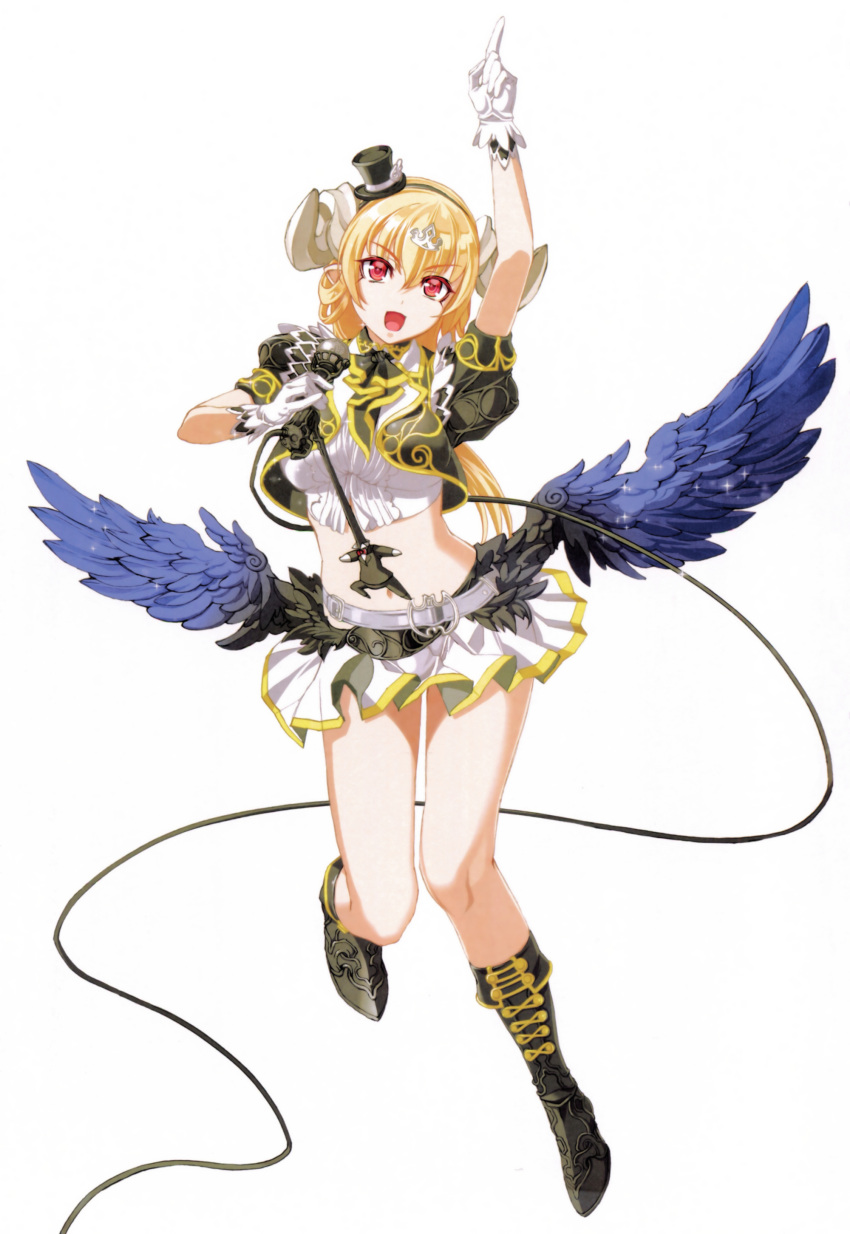1girl absurdres ascot bangs belt black_boots black_hat black_jacket blonde_hair boots breasts crop_top cropped_jacket eyebrows_visible_through_hair feathered_wings full_body gloves hair_between_eyes hands_up hat highres holding holding_microphone idol index_finger_raised jacket knee_boots large_breasts leg_up looking_at_viewer low_wings lucifer_(the_seven_deadly_sins) microphone microphone_stand midriff mini_hat miniskirt music navel nishii_(nitroplus) one_leg_raised open_clothes open_jacket open_mouth pointing pointing_up puffy_short_sleeves puffy_sleeves red_eyes scan shirt short_sleeves simple_background singing skirt smile solo spread_wings standing standing_on_one_leg the_seven_deadly_sins white_background white_gloves white_shirt white_skirt wings