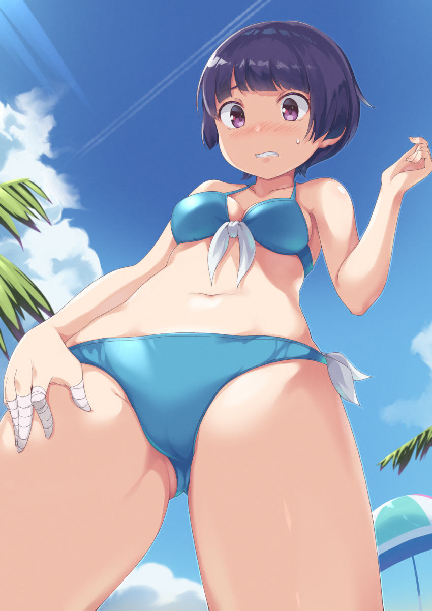 1girl bandage bangs bikini blue_sky blunt_bangs blush breasts bushinofuji clenched_teeth commentary_request embarrassed eromanga_sensei from_below highres looking_at_viewer looking_down medium_breasts navel purple_hair senju_muramasa short_hair sky solo swimsuit teeth violet_eyes