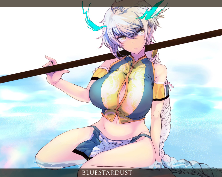 1girl armband braid breasts bursting_breasts cleavage eyebrows_visible_through_hair highres huge_breasts kantai_collection kojima_(blue_stardust) letterboxed light_brown_eyes long_hair looking_away midriff navel parted_lips partially_submerged polearm side_slit silver_hair single_braid sitting skirt solo unryuu_(kantai_collection) very_long_hair wariza weapon
