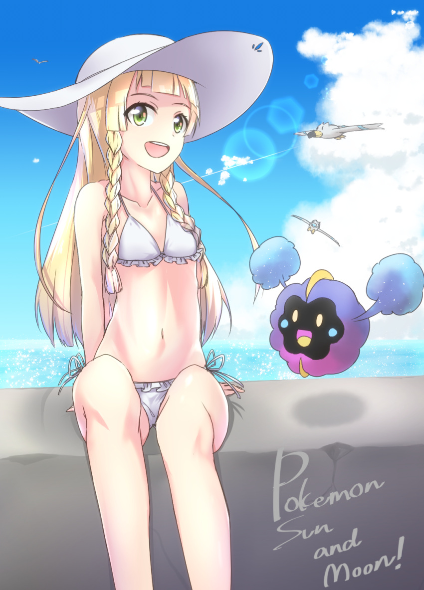 1girl :d bangs bikini blonde_hair blue_sky blunt_bangs braid breasts clouds collarbone commentary_request condensation_trail copyright_name cosmog day frilled_bikini frills green_eyes hat highres lens_flare lillie_(pokemon) long_hair looking_at_viewer minowa_sukyaru navel open_mouth outdoors pokemon pokemon_(creature) pokemon_(game) pokemon_sm shadow side-tie_bikini sitting sky small_breasts smile stomach sun_hat swimsuit teeth twin_braids white_bikini white_hat wingull