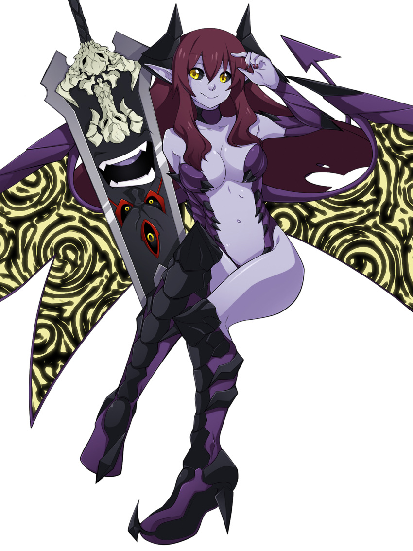 1girl black_sclera boots breasts center_opening choker cleavage colored demon_girl demon_horns demon_tail detached_sleeves fearless_night hell_princess high_heel_boots high_heels highres horns knee_boots long_hair medium_breasts navel pigeon-toed pointy_ears purple_skin redhead revision smile solo spike_wible sword tail transparent_background weapon wings yellow_eyes