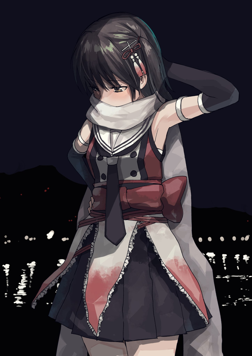 1girl black_gloves black_hair black_necktie black_skirt brown_eyes elbow_gloves gloves highres kantai_collection masukuza_j necktie pleated_skirt remodel_(kantai_collection) sailor_collar scarf school_uniform sendai_(kantai_collection) serafuku short_hair skirt sleeveless solo two_side_up white_sailor_collar white_scarf