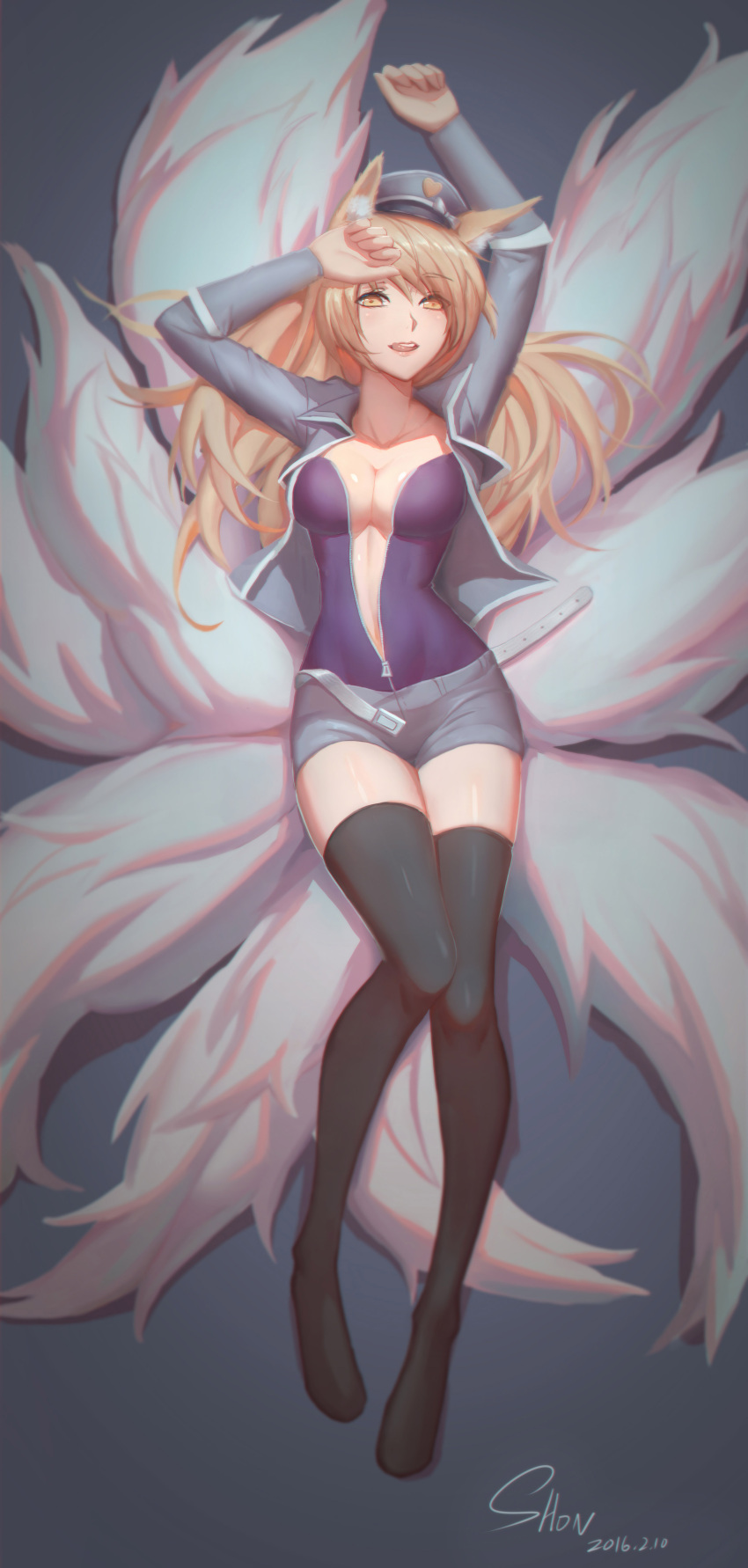 1girl absurdres ahri animal_ears arms_up black_legwear blonde_hair blush breasts cleavage dated eyebrows_visible_through_hair fox_ears fox_tail full_body highres large_breasts league_of_legends licking_lips long_hair looking_at_viewer lying navel on_back open_mouth popstar_ahri shon signature smile solo tail teeth thigh-highs tongue tongue_out yellow_eyes