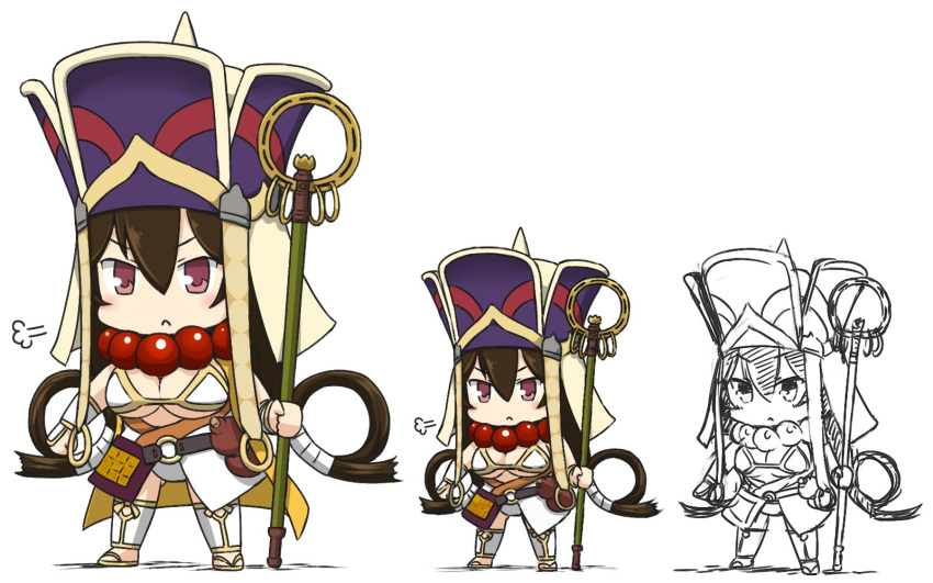 &gt;:&lt; 1girl breasts brown_hair chibi closed_mouth fate/grand_order fate_(series) full_body gourd hair_rings hamu_koutarou hat highres large_breasts long_hair revealing_clothes shakujou staff standing violet_eyes white_background xuanzang_(fate/grand_order)