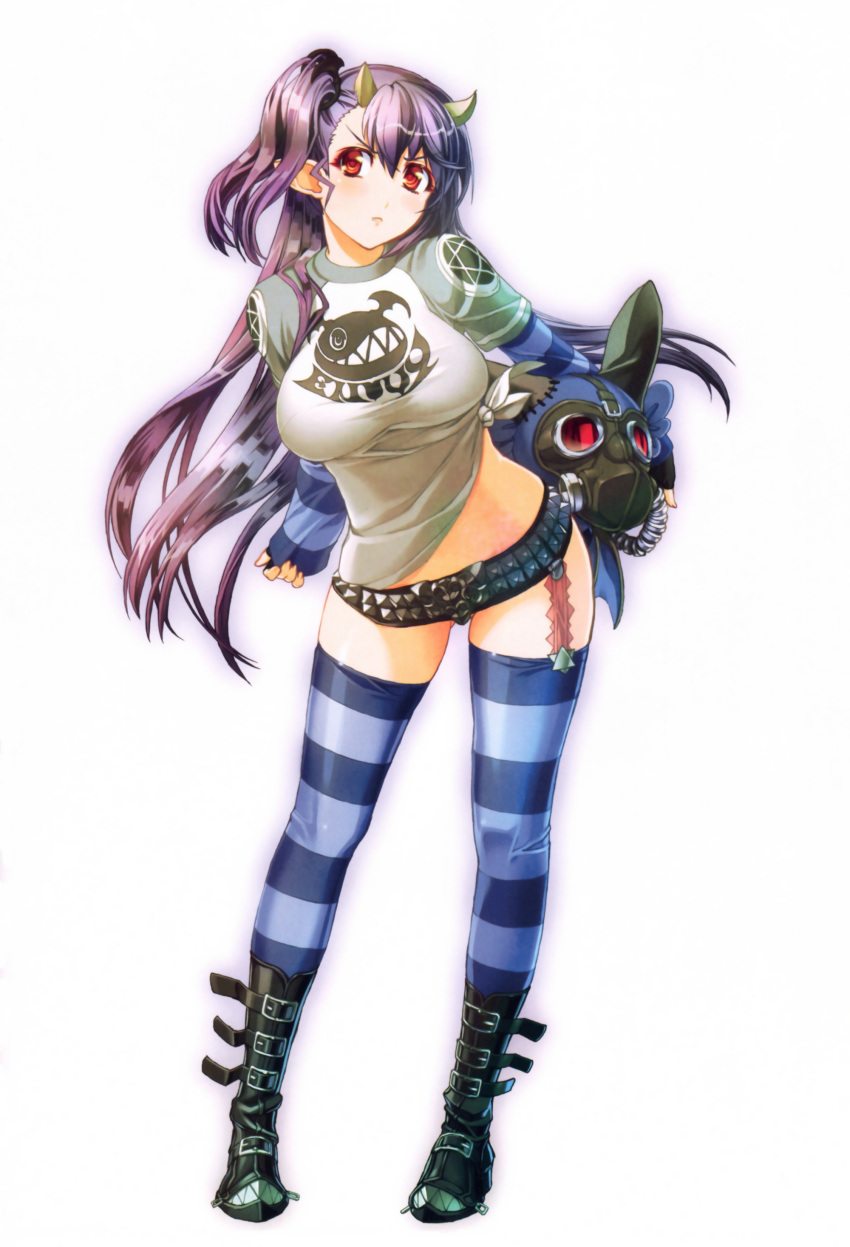 1girl absurdres artist_request belt beltskirt blush boots breasts demon_girl gas_mask highres horns knee_boots large_breasts leviathan_(the_seven_deadly_sins) long_hair looking_at_viewer nishii_(nitroplus) no_pants one_side_up pentagram pointy_ears purple_hair raglan_sleeves red_eyes shirt solo standing striped striped_legwear striped_sleeves the_seven_deadly_sins thigh-highs thighs