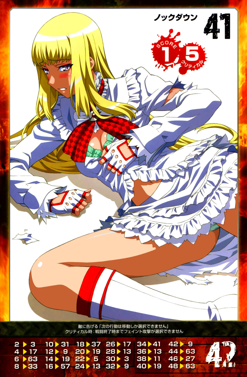 1girl absurdres bangs blonde_hair blush boots bra breasts detached_sleeves dress eyebrows_visible_through_hair fingerless_gloves frilled_dress frills gloves highres knee_boots lili_(tekken) long_hair long_sleeves lying medium_breasts morita_kazuaki official_art on_side open_mouth panties queen's_gate short_dress simple_background solo tekken torn_clothes underwear violet_eyes white_boots