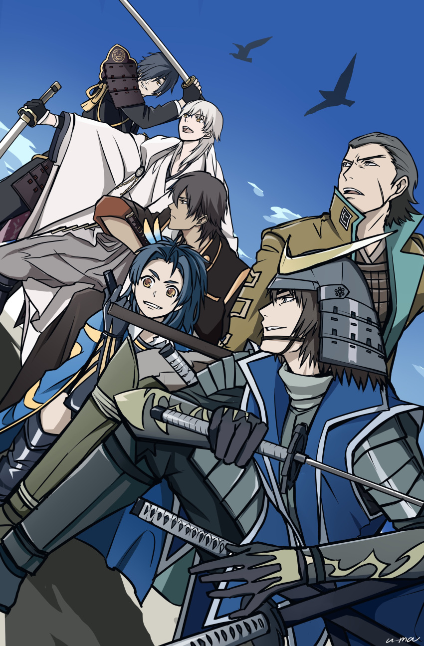 6+boys absurdres armor artist_name bird black_hair blue_hair blue_sky cape crossover dark_skin dark_skinned_male date_masamune_(sengoku_basara) dutch_angle eyepatch grin helmet highres japanese_armor japanese_clothes kabuto katakura_kojuurou male_focus monoyoshi_sadamune multiple_boys ookurikara scar sengoku_basara shokudaikiri_mitsutada short_hair sky smile sword touken_ranbu tsurumaru_kuninaga weapon white_hair yuuma_(u-ma)