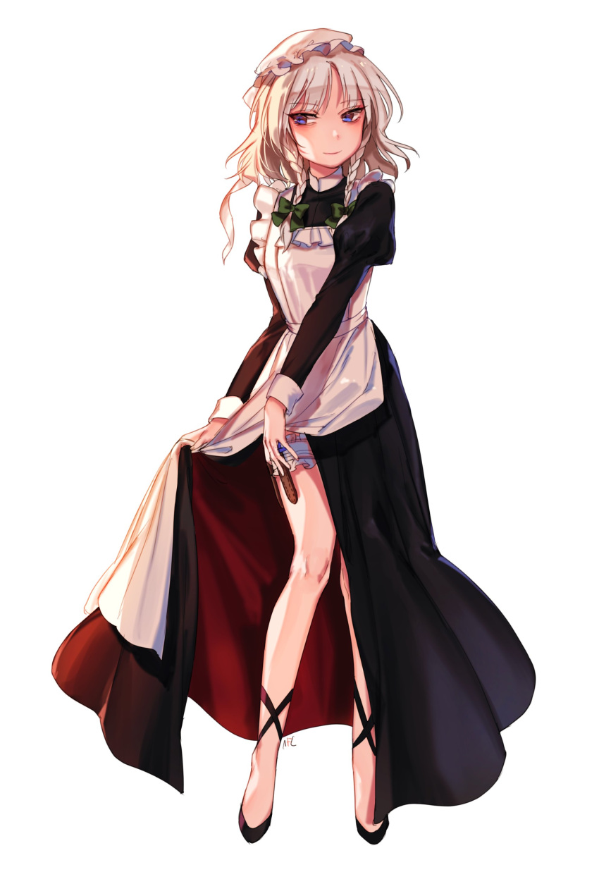 1girl absurdres apron black_dress black_shoes blue_eyes bow braid dress full_body green_bow hair_bow highres izayoi_sakuya juliet_sleeves light_smile long_sleeves maid_headdress puffy_sleeves shoes side_slit silver_hair simple_background solo standing tis_(shan0x0shan) touhou twin_braids white_background
