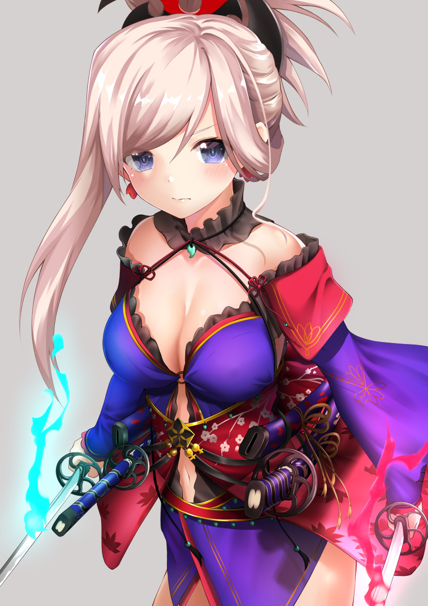 1girl absurdres blue_eyes breasts cleavage fate/grand_order fate_(series) highres japanese_clothes katana large_breasts looking_at_viewer magatama miyamoto_musashi_(fate/grand_order) ponytail simple_background solo sword takamiya_nao weapon