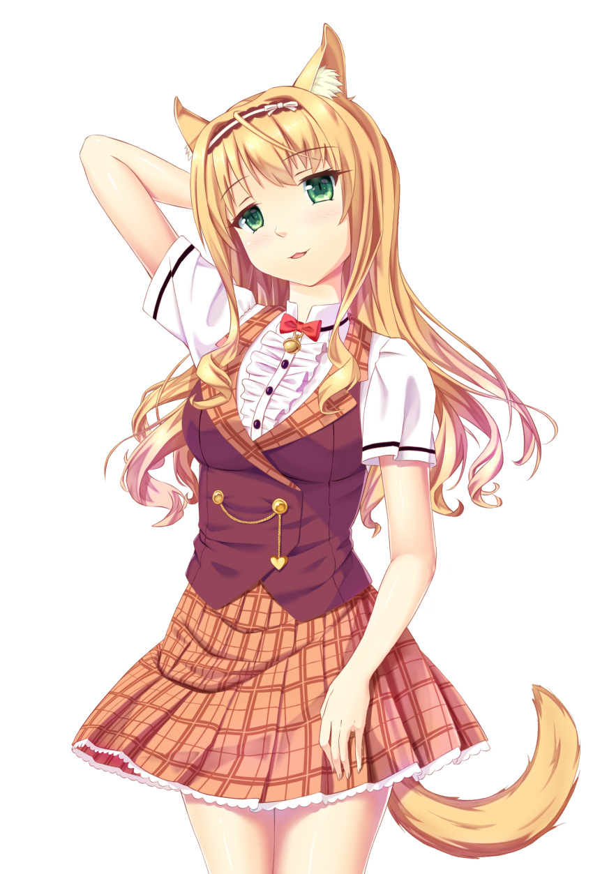 1girl :3 animal_ears arm_behind_head bell blonde_hair bow bowtie cat_ears cat_tail coast_rover cowboy_shot curly_hair eyebrows_visible_through_hair green_eyes hairband head_tilt highres jingle_bell long_hair looking_at_viewer maple_(sayori) nekopara parted_lips plaid plaid_skirt short_sleeves sidelocks simple_background skirt smile solo tail white_background