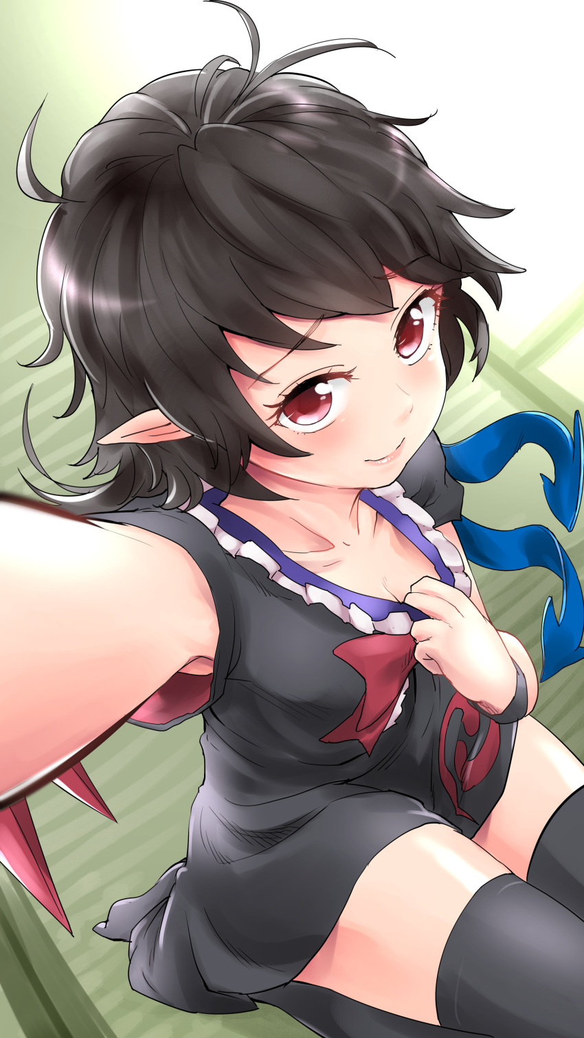1girl absurdres arm_up armpit_peek asymmetrical_wings black_dress black_hair black_legwear collarbone dress dress_pull eyebrows_visible_through_hair foreshortening from_above goroumaru hand_up highres houjuu_nue lips looking_at_viewer looking_up outstretched_arm pointy_ears pulled_by_self red_eyes seiza self_shot short_hair short_sleeves sitting smile solo tatami thigh-highs touhou up_sleeve wings zettai_ryouiki