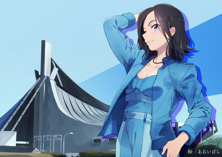 1girl absurdres aoi_bara arm_up black_hair blue_eyes blush building commentary_request highres jacket kotobuki_minako long_sleeves looking_at_another outdoors smile solo