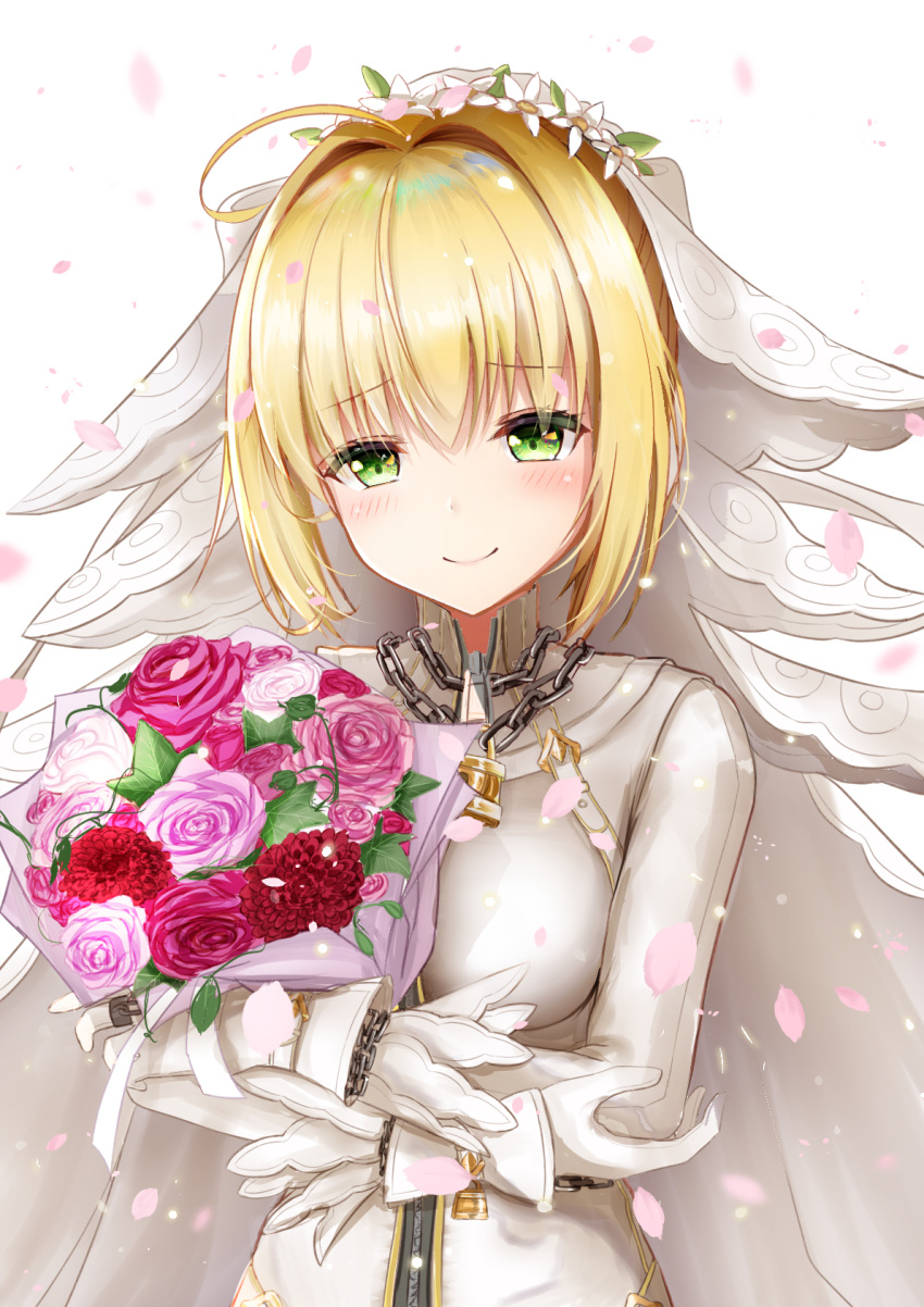 1girl ahoge bangs blonde_hair blush bodysuit bouquet breasts bridal_veil buckle chains closed_mouth commentary_request eyebrows_visible_through_hair fate/extra fate/extra_ccc fate_(series) flower green_eyes hair_flower hair_intakes hair_ornament half-closed_eyes head_tilt highres holding holding_bouquet karu_(qqqtyann) lock long_sleeves looking_at_viewer medium_breasts object_hug padlock petals pink_rose red_flower rose saber_bride saber_extra shiny shiny_hair short_hair simple_background smile solo upper_body veil white_background white_bodysuit white_flower zipper zipper_pull_tab