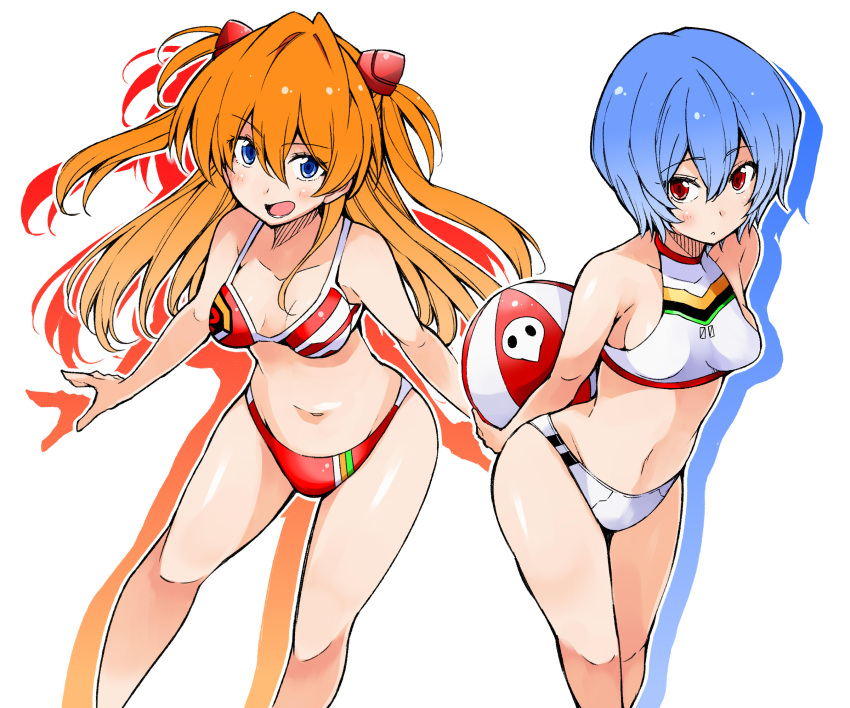 2girls adapted_costume ayanami_rei ball beachball bibi bikini blue_eyes blue_hair breasts cowboy_shot highres leaning_forward long_hair looking_at_viewer multiple_girls neon_genesis_evangelion open_mouth orange_hair red_bikini red_eyes short_hair small_breasts souryuu_asuka_langley swimsuit turtleneck white_bikini