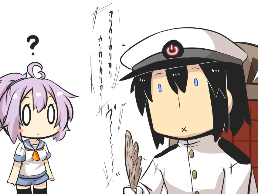 1boy 1girl :x admiral_(kantai_collection) android aoba_(kantai_collection) black_hair black_legwear blank_eyes blue_eyes chair chibi comic commentary_request epaulettes gomasamune hair_ornament hair_scrunchie hat highres jacket kantai_collection military military_hat military_uniform neckerchief office_chair peaked_cap pink_hair pleated_skirt power_symbol quill school_uniform scrunchie serafuku short_ponytail short_sleeves shorts sitting skirt standing thigh-highs translation_request uniform white_background
