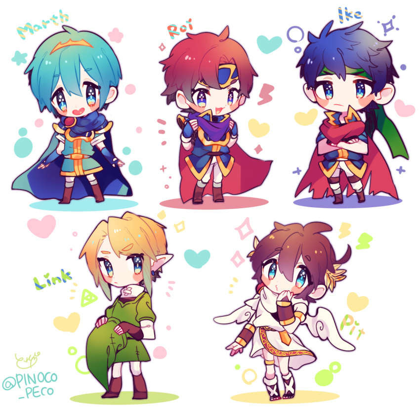 5boys blonde_hair blue_eyes blush bracelet brown_hair cape chibi fire_emblem fire_emblem:_fuuin_no_tsurugi fire_emblem:_mystery_of_the_emblem fire_emblem:_souen_no_kiseki gloves hat hat_removed headwear_removed highres ike jewelry kid_icarus kid_icarus_uprising link long_hair looking_at_viewer male_focus marth multiple_boys open_mouth pit_(kid_icarus) pointy_ears redhead repikinoko roy_(fire_emblem) short_hair smile super_smash_bros. the_legend_of_zelda the_legend_of_zelda:_twilight_princess tiara triforce wings