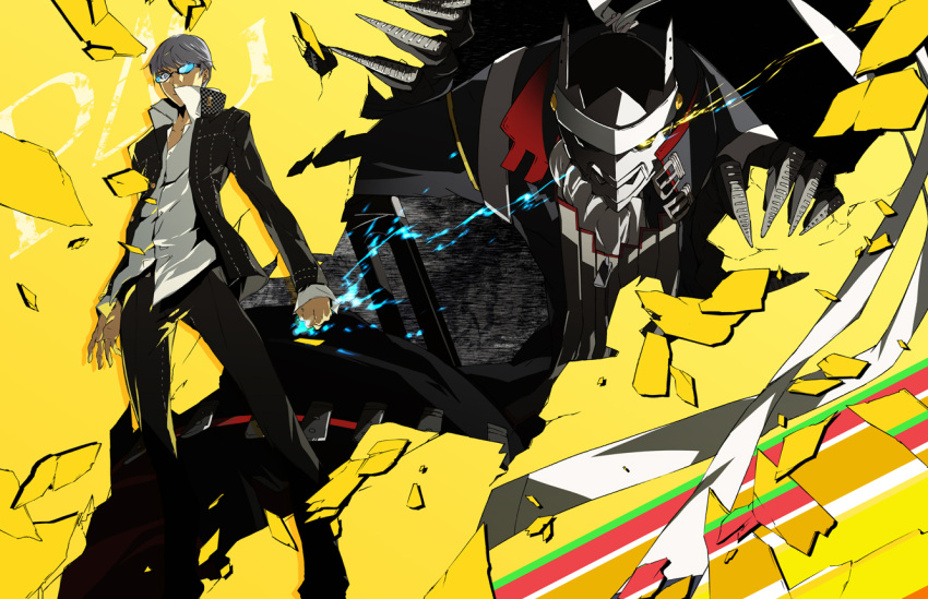 1boy black_jacket black_pants clenched_hand collarbone copyright_name dress_shirt from_below full_body g_yuusuke glasses izanagi jacket looking_at_viewer narukami_yuu open_clothes open_jacket pants persona persona_4 shirt silver_hair simple_background standing white_shirt yellow_background