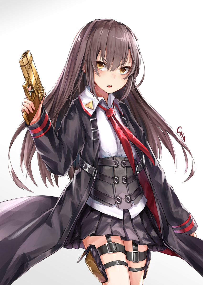 1girl bangs black_coat black_cola black_skirt brown_eyes brown_hair buckle coat collared_shirt corset cowboy_shot eyebrows_visible_through_hair finger_on_trigger girls_frontline gun hair_between_eyes handgun highres holding holding_gun holding_weapon holster legs_together long_hair long_sleeves looking_away looking_up necktie nz_75 nz_75_(girls_frontline) open_clothes open_coat open_mouth pistol pleated_skirt red_necktie serious shirt signature simple_background skirt solo standing thigh_holster trench_coat unbuckled weapon white_background white_shirt wing_collar