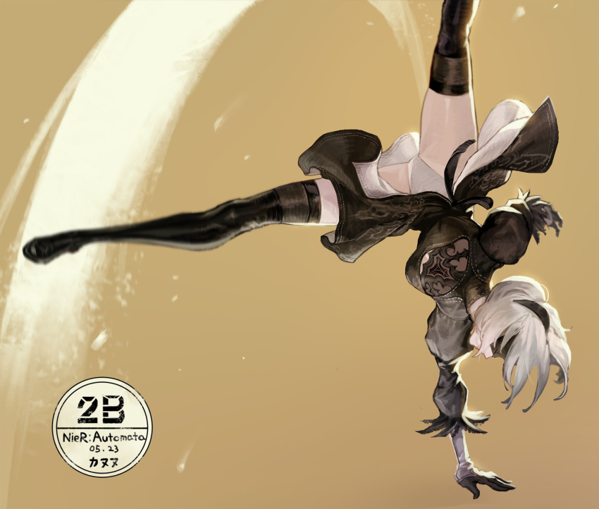 1girl black_boots black_dress black_hairband blindfold boots breasts cleavage cleavage_cutout closed_mouth covered_eyes dress feather-trimmed_sleeves hairband handstand highleg highleg_leotard highres juliet_sleeves kanunu leotard long_sleeves medium_breasts nier_(series) nier_automata profile puffy_sleeves ribbed_dress silver_hair solo thigh-highs thigh_boots thighhighs_under_boots vambraces white_leotard yorha_no._2_type_b