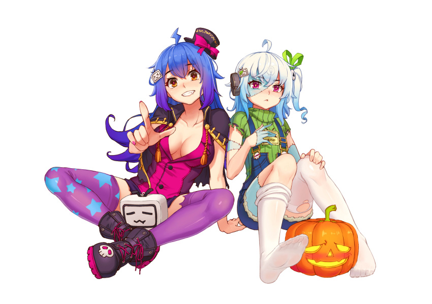 2girls ahoge bili_girl_22 bili_girl_33 bilibili_douga black_boots blue_hair blush boots breasts cleavage collarbone eyebrows_visible_through_hair fang green_ribbon hair_ornament hair_ribbon hat hat_ribbon highres index_finger_raised jack-o'-lantern large_breasts long_hair looking_at_viewer luode_huayuan multiple_girls nail_polish open_mouth orange_eyes overalls pink_eyes pointing pointing_at_viewer pumpkin purple_legwear purple_nails purple_ribbon ribbon short_hair short_ponytail short_sleeves side_ponytail simple_background sitting smile teeth thigh-highs top_hat white_background white_legwear