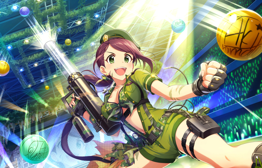 1girl artist_request ball belt beret boots breasts brown_hair character_name cleavage clenched_hand collarbone dog_tags earrings fingerless_gloves gloves green_eyes hat idol idolmaster idolmaster_cinderella_girls idolmaster_cinderella_girls_starlight_stage jewelry long_hair low_ponytail midriff military navel official_art open_mouth ponytail short_sleeves signature smile solo stage star weapon yamato_aki