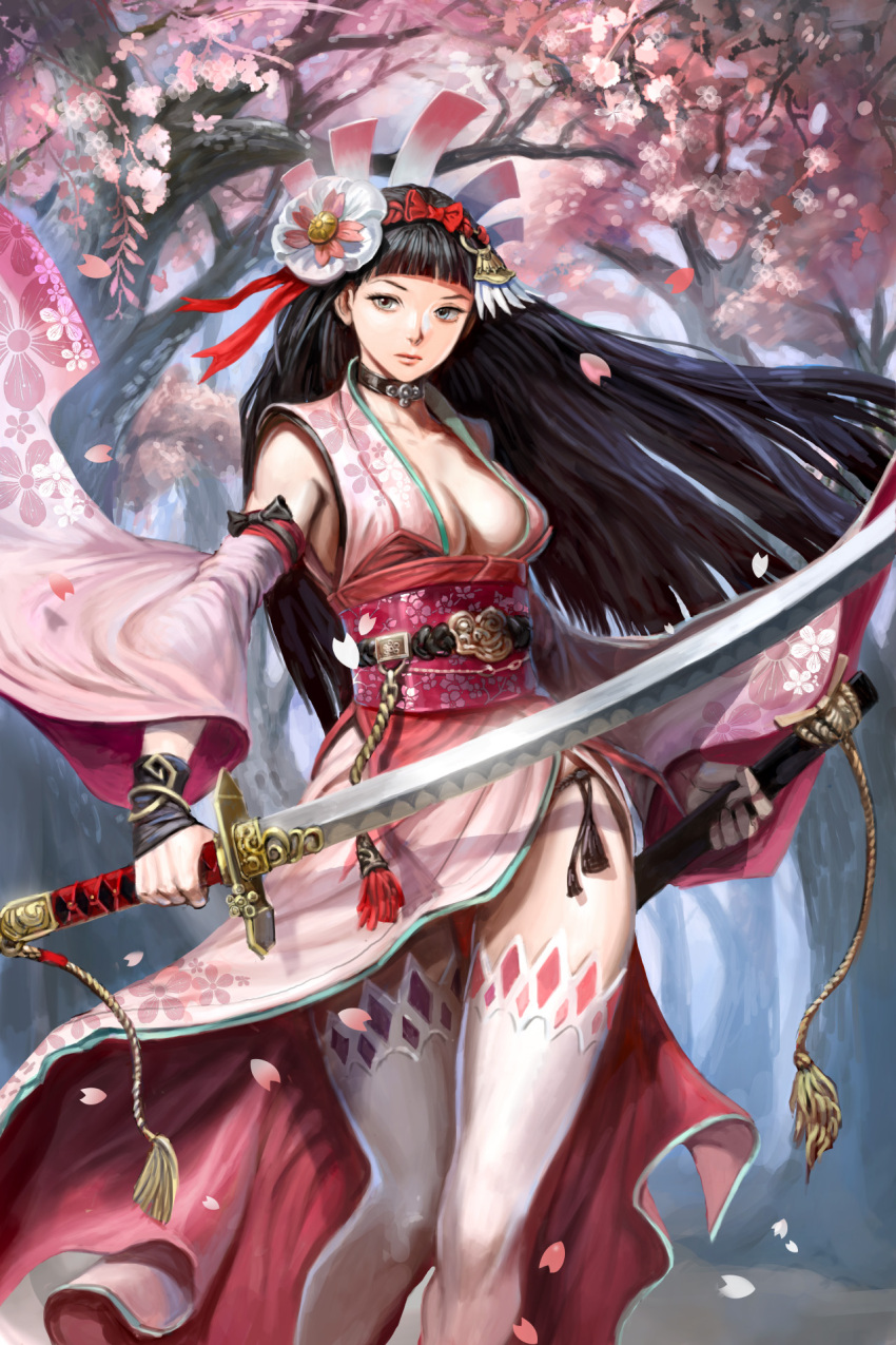1girl bangs black_hair blunt_bangs breasts cherry_blossoms choker cleavage copyright_request day detached_sleeves floral_print flower full_body ggozira grey_eyes hair_flower hair_ornament hairband highres holding holding_sword holding_weapon katana long_hair medium_breasts outdoors petals sheath solo standing sword thigh-highs weapon white_legwear