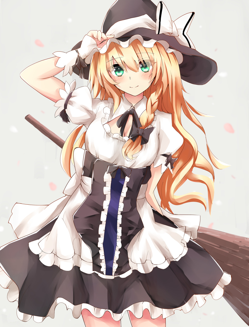 1girl apron blouse blush bow braid breasts broom cleavage contrapposto detached_collar dress fingerless_gloves gloves green_eyes hand_on_headwear hat hat_bow head_tilt highres kirisame_marisa long_hair looking_at_viewer medium_breasts side_braid single_braid smile solo strapless strapless_dress touhou underbust very_long_hair waist_apron wavy_hair white_gloves witch_hat yuki_(snowmaiden)