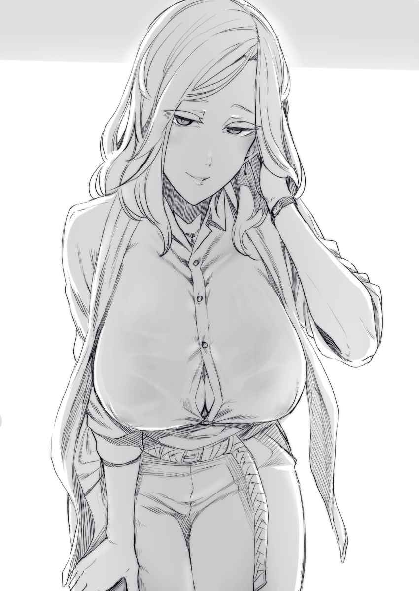 1girl belt blush breasts bursting_breasts buttons cowboy_shot dress_shirt earrings erect_nipples eyes_visible_through_hair greyscale hair_tucking hand_in_hair highres huge_breasts jewelry leaning_forward looking_at_viewer monochrome nakamura_regura necklace original pants parted_lips shirt short_hair sleeves_rolled_up smile solo watch watch