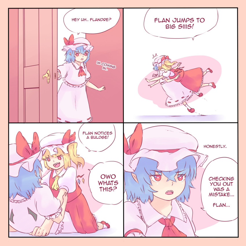 /\/\/\ 2girls ascot blonde_hair blue_hair bow comic door dress english falling flandre_scarlet glomp hat hat_bow hat_ribbon highres hug implied_futanari meme mob_cap multiple_girls opening_door pink_dress pink_hat pouncing puffy_short_sleeves puffy_sleeves red_dress red_eyes red_shoes remilia_scarlet ribbon shoes short_hair short_sleeves siblings side_ponytail sisters touhou typo white_hat wings yoruny