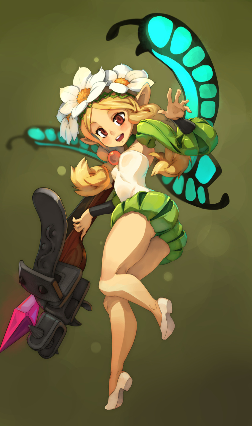 1girl blonde_hair bow_(weapon) butterfly crossbow flower green_background hair_flower hair_ornament highres long_hair mercedes odin_sphere pointy_ears ponytail red_eyes smile solo thighs twintails weapon xavier_houssin