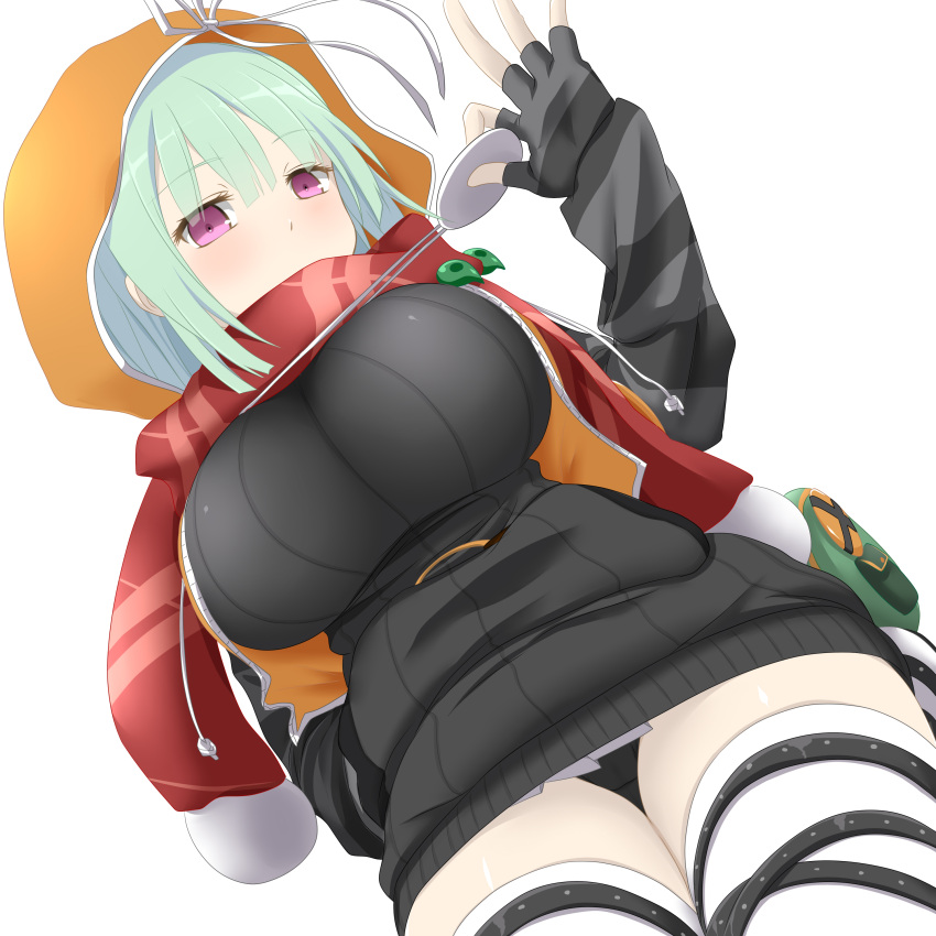 1girl absurdres black_gloves breasts commentary_request dutch_angle eyebrows_visible_through_hair fingerless_gloves gloves green_hair highres hood hoodie large_breasts looking_at_viewer magatama naraku_(senran_kagura) revision ribbed_sweater scarf senran_kagura senran_kagura_(series) simple_background solo sweater thick_thighs thigh-highs thighs violet_eyes watarui white_background white_legwear