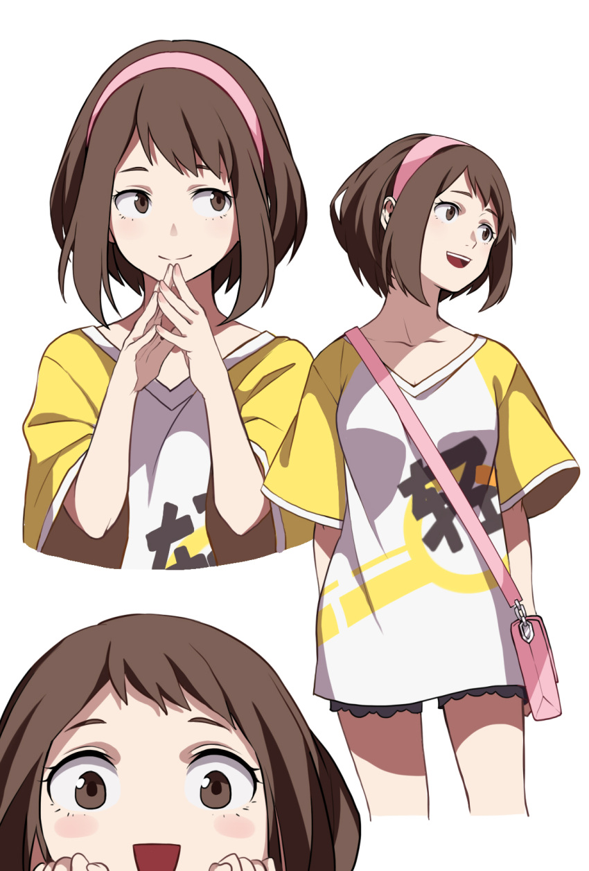 1girl :d alternate_costume blush blush_stickers boku_no_hero_academia breasts brown_eyes brown_hair casual collarbone fingers_together hairband highres open_mouth oversized_clothes oversized_shirt shi_er_xian shirt short_sleeves shorts simple_background smile solo_focus t-shirt uraraka_ochako white_background